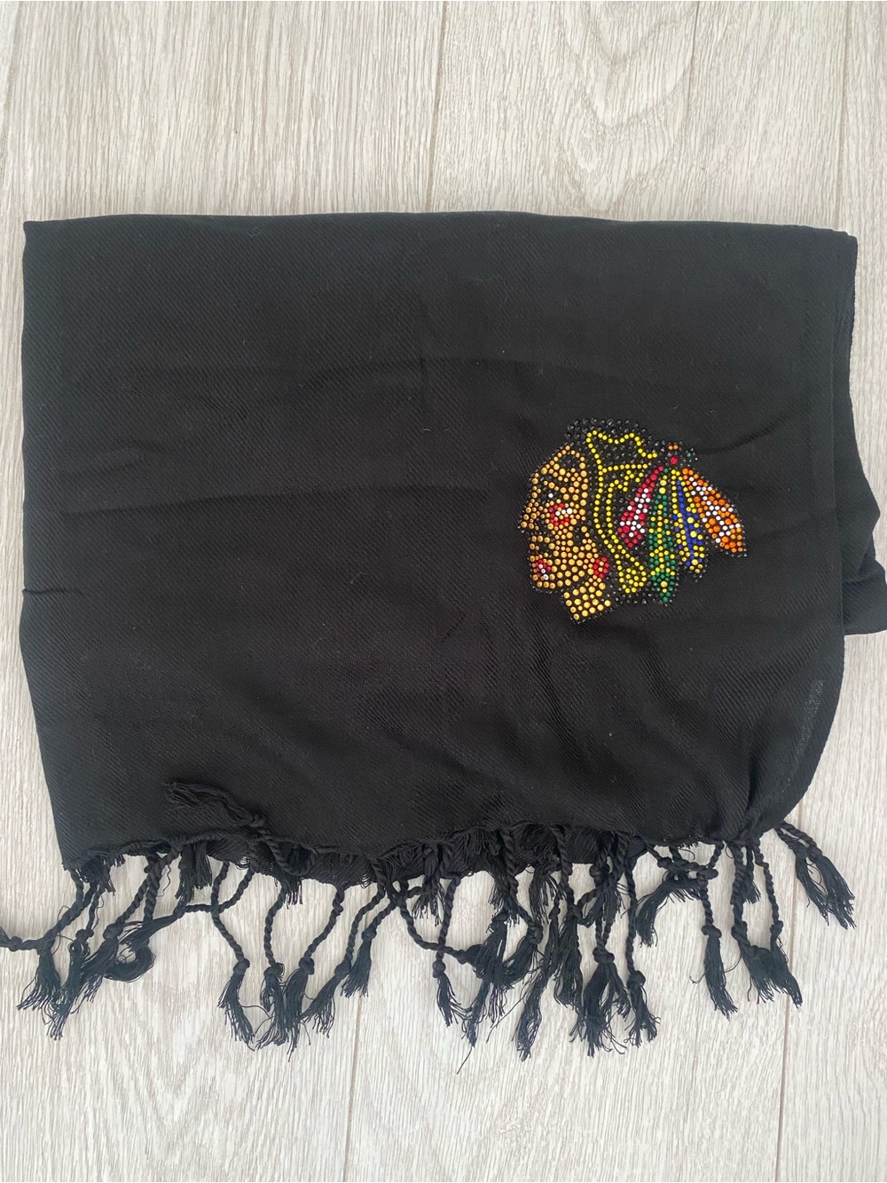 Black Hawks! Black Fringe Scarf Wrap with Multicolor Beaded Emblem